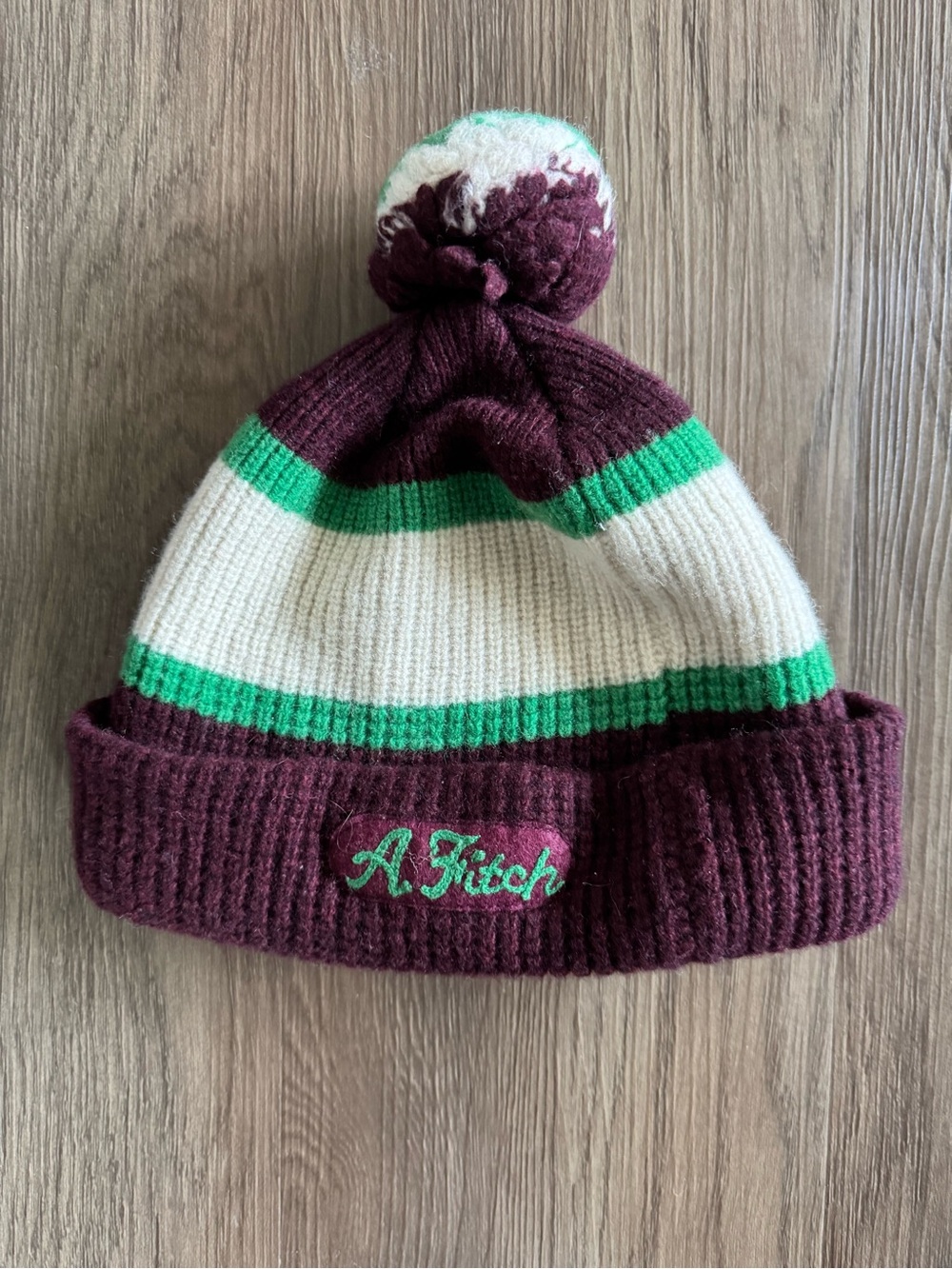 Abercrombie Pom Beanie Hat in Burgundy, Green & Cream